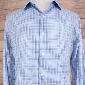 Bugatchi Dress Shirt Mens 17.5 36/37 Blue Check Comfort Stretch Long Sleeve